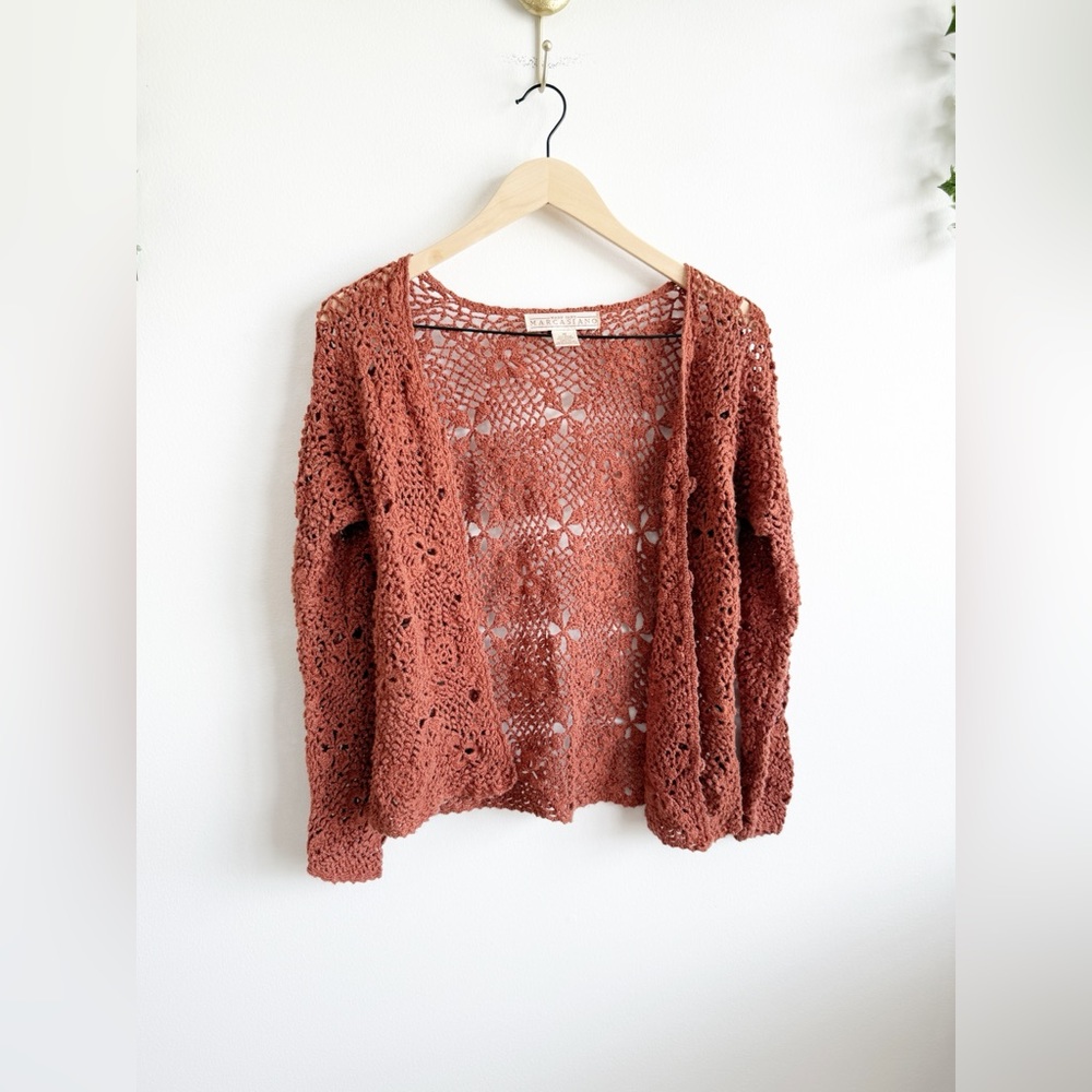 Vintage Rust Orange Red Open Floral Knit Button Cardigan Size Medium